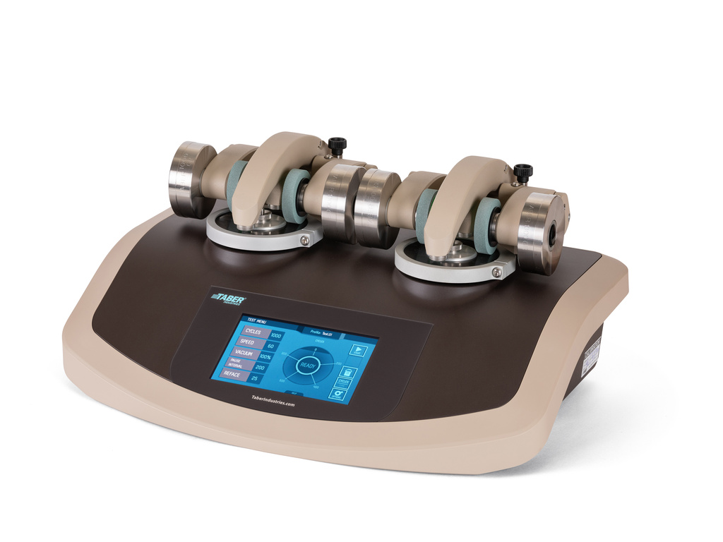 테이버사의 회전식 마모시험기로 하부시편에 시험샘플을 설치하고 회전시키면서 특수기술의 연마휠로 하중을 적용시켜 다양한 소재에 대한 마모 시험기 입니다. 섬유 글라스 LCD 차량내장재 세라믹 고강도 메탈 등 다양한 마모시험 스커핑 시험도 가능