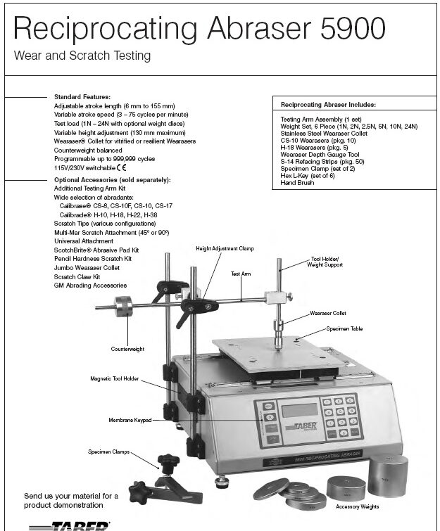 TABER사의 왕복형 마모시험기 모델 5900. GWM 14124 EN 1096 표준시험 가능한 장비로, 상세 사양과 시험기 사진